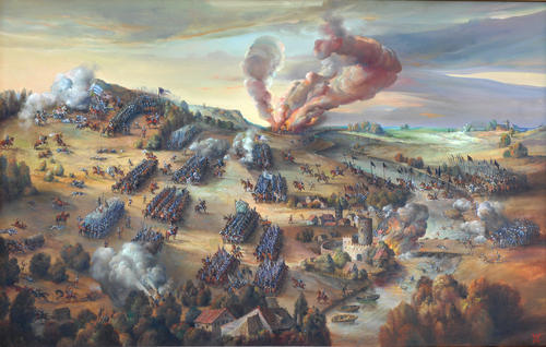 Schlachtdarstellung Mühlberg; Gemälde nach einem historischen Holzschnitt (Kreismuseum Bad Liebenwerda)